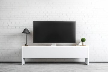 Poster - Standing on a wall desk or table with a white television in the background, realistic, minimalist. Generative AI