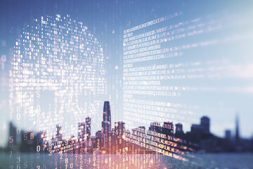 Poster - Abstract virtual code skull illustration on San Francisco skyline background. Hacking and phishing concept. Multiexposure