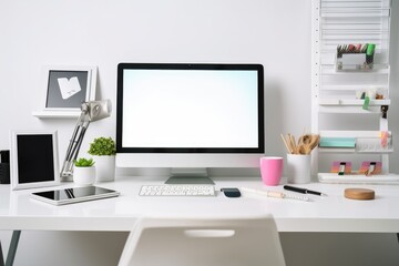 Poster - A close up of an artist's workstation featuring a computer with a blank screen, office supplies, and decorations on a white desk is seen against a hazy office room background. Generative AI