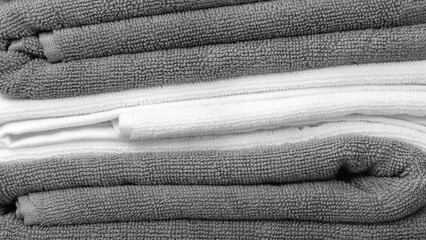 Poster - Gray and white folded towels stack closeup picture, hotel service concept background