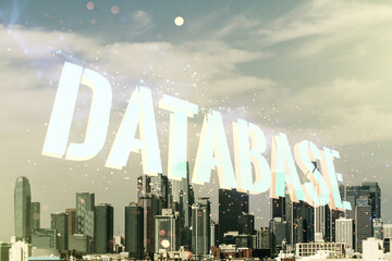 Poster - Double exposure of Database word sign on Los Angeles city skyline background, global research and analytics concept