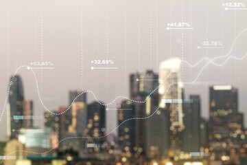 Poster - Abstract virtual stats data hologram on blurry skyline background. Multiexposure