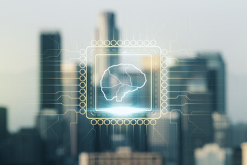 Poster - Virtual creative artificial Intelligence hologram with human brain sketch on blurry skyline background. Multiexposure