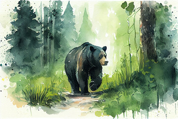 watercolor sketch of black bear walking in green forest.  generative ai.