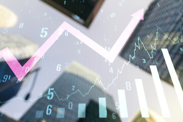 Poster - Multi exposure of virtual abstract financial graph and upward arrow on office buildings background, forex and investment concept
