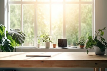 Sticker - desktop pc with a wooden table and a window with sunlight. build a blurred indoor green plant foreground and a leaf shadow on the wall. Mockup of a panoramic banner for product display. Generative AI