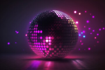 Glowing disco ball on purple background, cinematic purple and pink light. Generative ai.