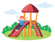 Vector illustration of a cute boy riding down a hill. A cartoon scene with a smiling boy riding down a hill on a playground with bushes and clouds isolated on a white background.