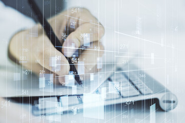Poster - Abstract creative stats data concept with hand writing in notebook on background with laptop. Multiexposure