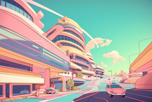 Colorful Pastel Animation Of Futuristic City, Cartoon Style, Generative AI