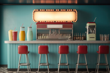 Wall Mural - Cinema snack bar with popcorn and soft drinks. AI generated