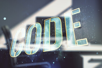 Poster - Creative Code word sign and modern desktop with pc on background, international software development concept. Multiexposure