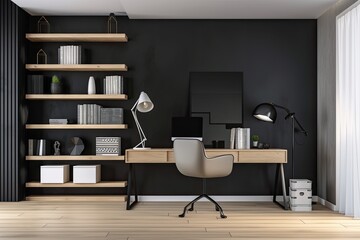 Poster - Home office with a wooden floor, a white chair next to a computer table, and a black wall. Bookshelves. a mockup. Generative AI
