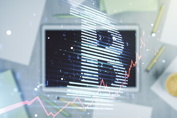 Poster - Creative Bitcoin concept and modern digital tablet on desktop on background, top view. Double exposure