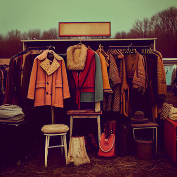 Vintage photo of retro second hand clothing at flee market. Women coats and dresses. Generative AI.