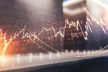 Aufkleber - Multi exposure of virtual abstract financial graph interface on blurry contemporary office building background, financial and trading concept