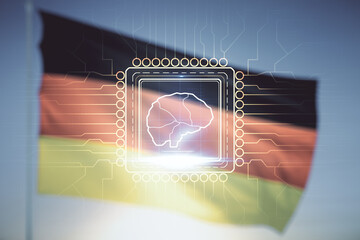 Poster - Virtual creative artificial Intelligence hologram with human brain sketch on flag of Germany and sunset sky background. Multiexposure