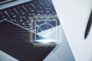 Poster - Creative artificial Intelligence concept with human brain hologram on modern laptop background. Multiexposure