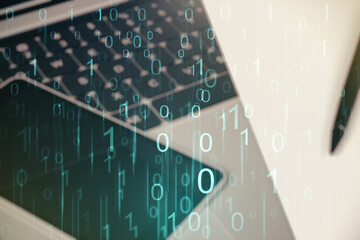 Poster - Creative abstract binary code hologram on modern computer background, AI and machine learning concept. Multiexposure
