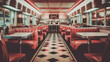 Abstract Retro American diner with a 1950s pin-up style, featuring nostalgic décor, checkerboard floors, chrome accents, and a classic jukebox. Generative AI