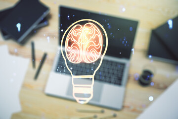 Aufkleber - Creative light bulb with human brain hologram on modern laptop background, artificial Intelligence and neural networks concept. Multiexposure