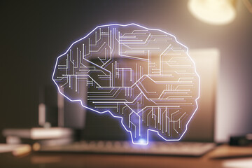 Poster - Double exposure of creative artificial Intelligence symbol with modern laptop on background. Neural networks and machine learning concept