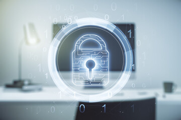 Poster - Creative lock sketch with chip hologram on modern laptop background, protection of personal data concept. Multiexposure