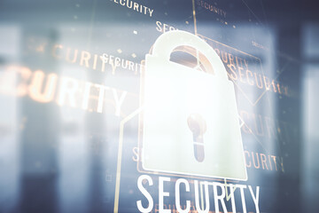Poster - Virtual creative lock illustration with microcircuit on modern interior background, cyber security concept. Multiexposure