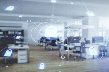 Aufkleber - Double exposure of virtual creative lock hologram with chip on modern corporate office background. Information security concept