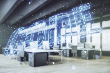 Poster - Code word hologram on a modern furnished classroom background, international software development concept. Multiexposure