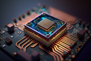 Poster - computer chip concept. pc circuit motherboard. generate ai