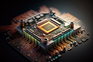 Poster - Computer chip technology. PC circuit motherboard. Generate Ai