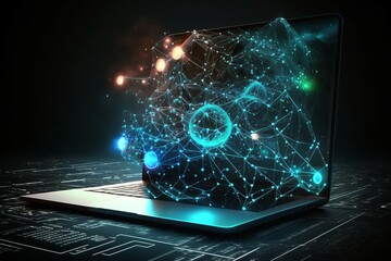 Poster - Artificial intelligence concept. Laptop with blue lines. Generate Ai