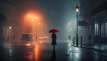 A Single Person Holding A Red Umbrella Walks Alone In The Rain In The Dark City Night. Generative AI. 