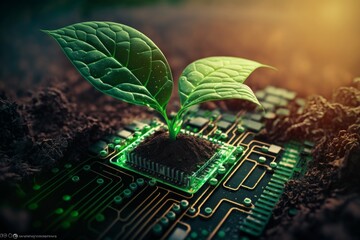 Poster - Plant from computer chip. New life. Eco concept. Generate Ai