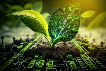 Poster - Nature plant from computer chip. New life. Eco concept. Generate Ai
