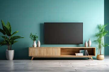 Wall Mural - Modern living room TV cabinet against a blank, cyan wall. Generative AI