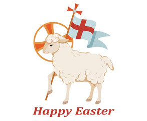 Wall Mural - Happy Easter. Religious christian symbol lamb of God and cross on flag. Lamb is symbol of Christ's sacrifice. Isolated. Vector