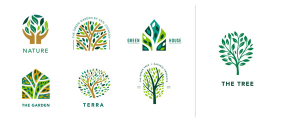 tree logo collection. luxury logo templates . tree of life branch with leaves, green house, nature c