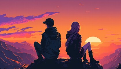 Wall Mural - man an woman at the top of a mountain, manga cartoon illustration, generative ai