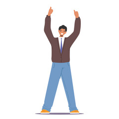 Happy Male Character Celebrate Success, Victory, Sports Fan or Businessman in Formal Clothes Waving Raising Hands