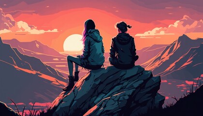 Wall Mural - man an woman at the top of a mountain, manga cartoon illustration, generative ai