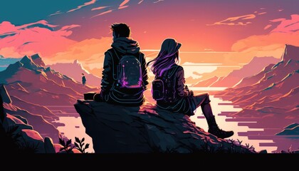 Wall Mural - man an woman at the top of a mountain, manga cartoon illustration, generative ai