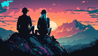Wall Mural - man an woman at the top of a mountain, manga cartoon illustration, generative ai