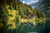 Fototapeta Koty - swiss landscape with house, lake, mountains and pine trees, AI generative