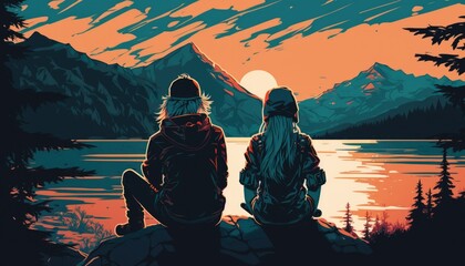 Wall Mural - couple in front a lake, romantic love, illustration, generative ai