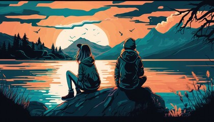 Wall Mural - couple in front a lake, romantic love, illustration, generative ai