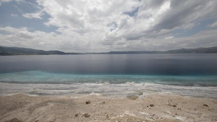 Wall Mural - A timelapse with clouds flowing over the coast of Salda Lake in Turkey.