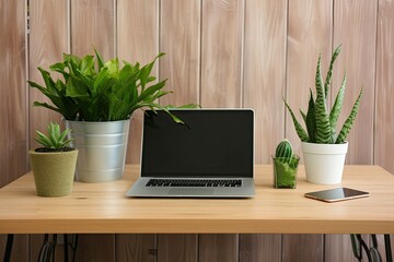 Poster - a pleasant office for freelancers with a laptop. houseplant in green on a wooden table. Generative AI