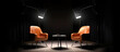 © sizsus - two chairs and spotlights in podcast or interview room on dark background as a wide banner for media conversations or podcast streamers concepts with copyspace - Generative AI